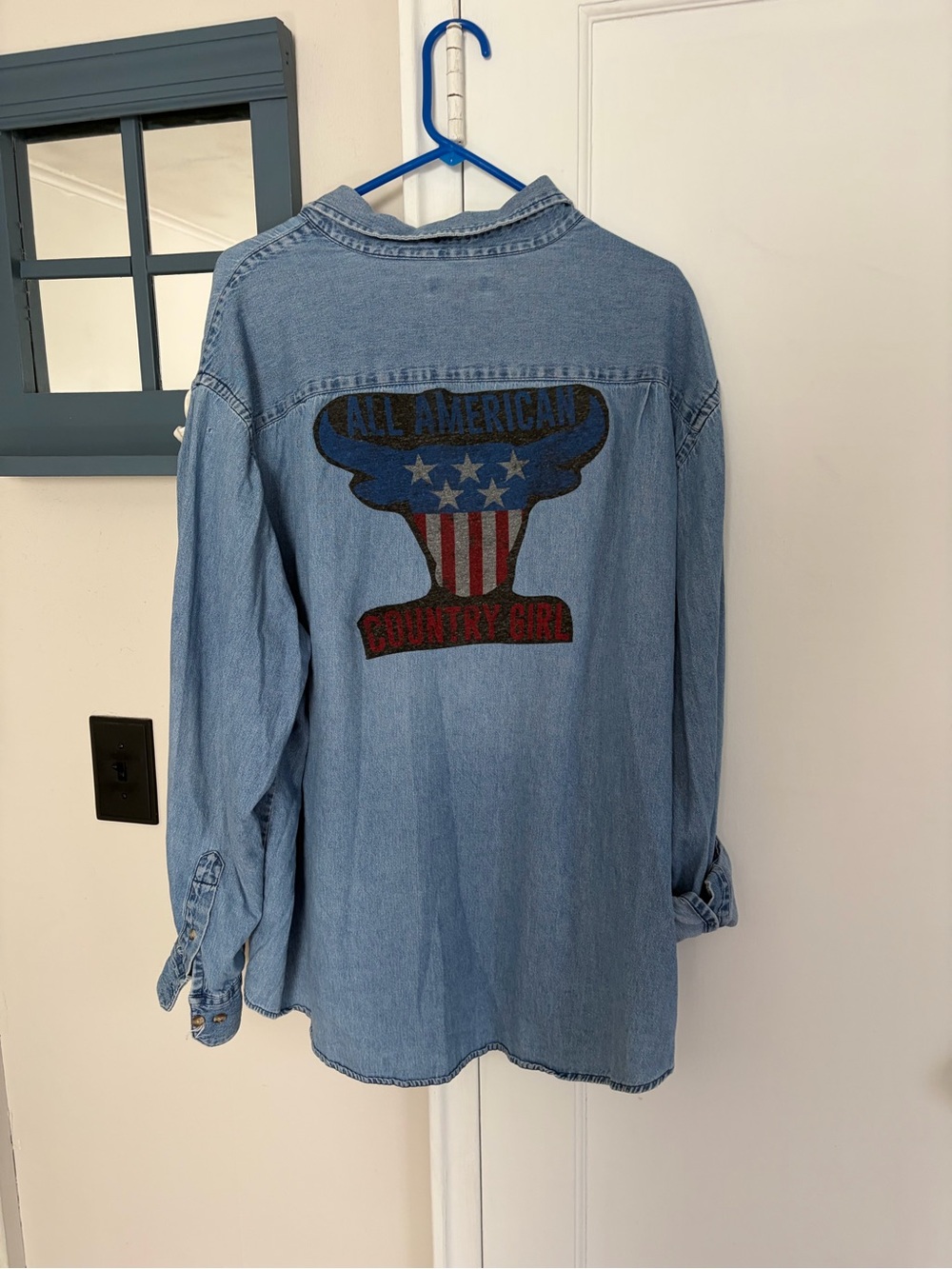 Light Blue Denim Button-Down Shirt with All American Country Girl Graphic